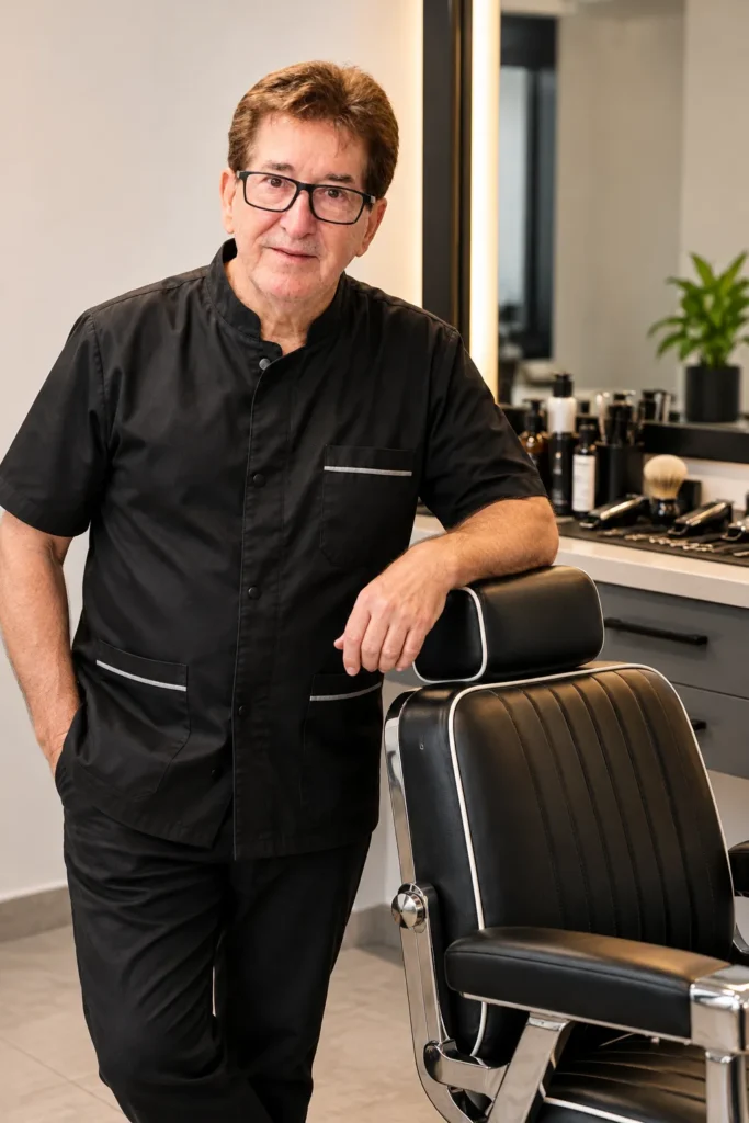 Vargas, barbeiro, ao lado da cadeira na Barbearia Vargas no Xaxim, Curitiba